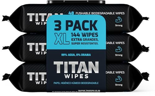 TITAN WIPES Papel Higiénico Húmedo Biodegradable EXTRA Grande y Resistente – 3pack 144 Toallitas Humedas XL 18×18 cm, 99% Agua, Aloe & Vitamina E, 0% Alcohol, Resistentes y Desechables por el WC