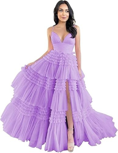 Damen Tüll Ballkleider gestufte Rüschen Ballkleider lang Glitzer mit Schlitz formelle Abendkleider Partykleider, Flieder, 6XL Große Größen