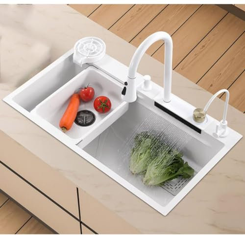 Fregadero de cocina de acero inoxidable blanco con diseño de cascada, 68 x 45 x 22 cm, ideal para balcones, bares y cocinas modernas, duradero y elegante