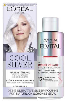 L'Oréal Paris Silber-Haar-Routine: Cool Silver, Farbe: Pures Weiß & Elvital Bond Repair Pre-Shampoo, Farbveredelung & Tiefenreparatur