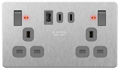 LIDER 2-Gang Switched 13A Socket, LED Power Indicator, 25W Combined Output | Always-On USB Ports, UKCA Certified, Stainless Steel, Use A 35mm-Deep Back Box, Child Safe & Insulation-Test Ready