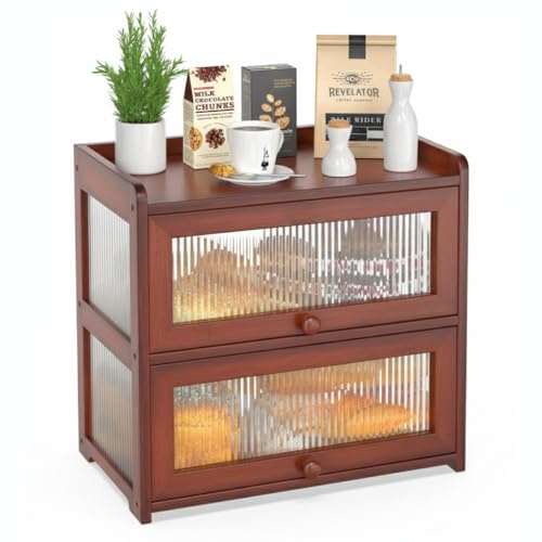 BAMBANG Extra Large Bamboo Bread Box for Kitchen Counter, Double Layer Bread Storage Container Farmhouse Bread Box with 4 Sides Transparency, Breadbox Bin Holder for Homemade Bread, Brown