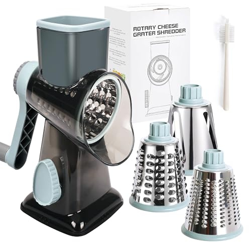 Rotary Cheese Grater with 3 Stainless Steel Blades, Hand Crank | Kitchen Shredder Slicer Grater with Cleaning Brush, For Cheese, Vegetable, Nuts, Chocolate