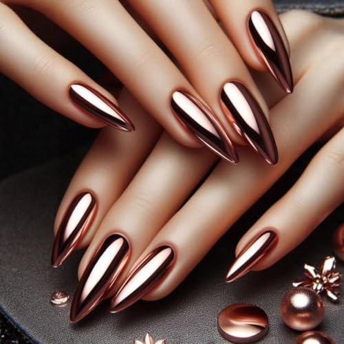 24 Stück galvanisierte roségoldene künstliche Fingernägel, mittelhoch, Stiletto-Form, luxuriös, aus Metall mit Spiegeleffekt, zum Aufkleben, für Damen und Mädchen, Maniküre und Dekoration