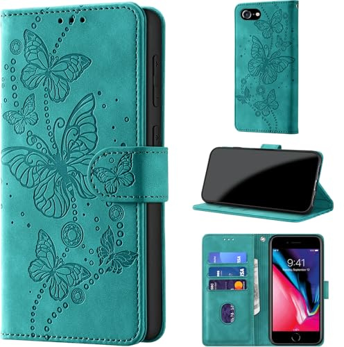 for iPhone 7 / iPhone 8 / SE2 / SE3 Wallet Case Flip, Turquoise | RFID Blocking, 3 Card Holder Stand, Shockproof TPU Shell, PU Leather Magnetic Closure