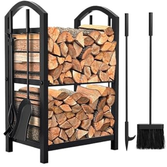 BOPIES Zweistufiges Eisen-Holzregal Mit Werkzeughaken – Hochbelastbares Ablagefach for Kamin, Feuerstelle Im Freien Und Organisation Im Innenbereich Holzlager