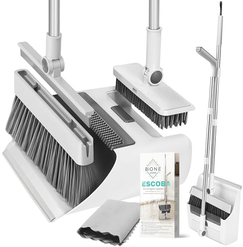 Bione 3-in-1 Folding Dustpan and Broom with Long Handle 126 cm | No bending, sweeping brush, hard brush, integrated glass cleaner, cloth and dustpan, indoor and outdoor