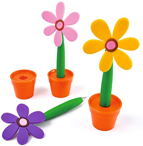 Burwells Set of 3 Flower Pens with Pot Stands - Pink Yellow Purple Orange Pots - Novelty or Gift Stationery