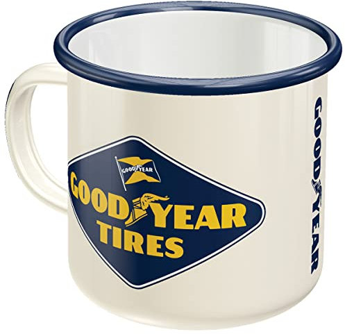 Nostalgic-Art Tasse rétro en émail, Goodyear – Logo White – Idée de cadeau pour fans de voitures et de motos, Mug de camping, Design vintage, 360 ml