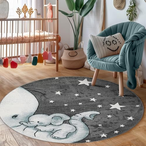 Carpettex Kinderteppich Elefant Design Blau 120 cm Rund - Kurzflor Teppich Kinderzimmer für Mädchen und Jungen Pflegeleicht Weich - Waschbarer Spielteppich Babyteppich Gaming Teppich Babyzimmer