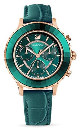 Swarovski Octea Lux Chrono Orologio, con CristalliSwarovski e Cinturino in Pelle, Placcato in Tonalità Oro Rosa, Meccanismo al Quarzo, Verde