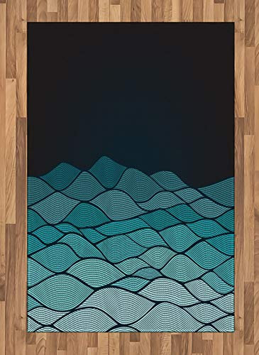 ABAKUHAUS Wellen Teppich, Blau Ombre Abstrakt Curves, Deko-Teppich Digitaldruck, Färben mit langfristigen Halt, 120 x 180 cm, Dunkel Petrol Blue and Sea Blue