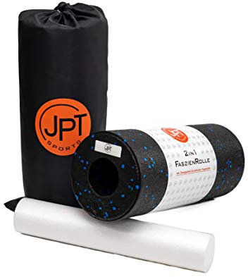 JPTsports 2in1 Faszien-Rolle inkl. eBook & praktischer Tragetasche | hochwertige Massagerolle für Rücken, Beine, Wirbelsäule | Foam-Roller für Faszien-Training (Schwarz/Blau)