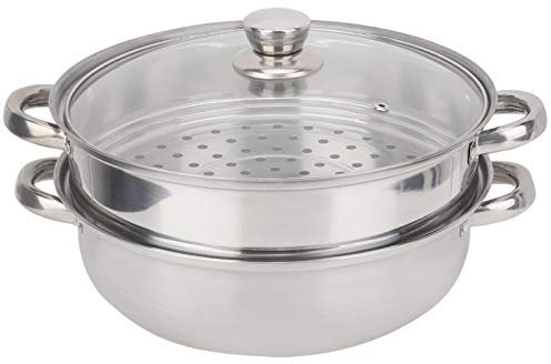 2 Tier Stainless Steel, 27cm Large Multi Layer Stock Pot Cooker, Double Boiler Soup Steaming Pot, with Toughened Glass Lid, for all Hobs, Silver