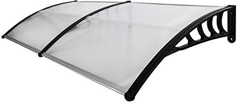 Auvent de Porte Aluminium Noir Auvent Marquise D'entrée Auvent de Porte D'entrée Résistante Toit Abri Contre La Pluie et UV Supports Noirs Transparent 200 x 100 x 25