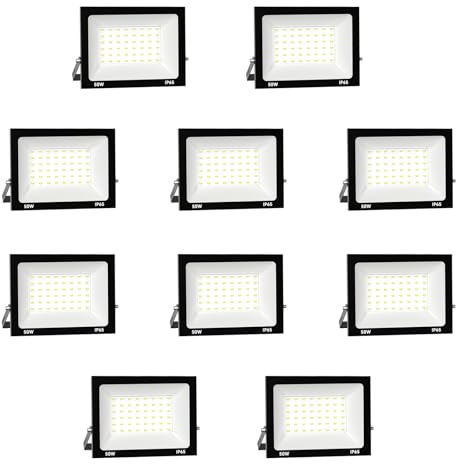 Royana 10pcs 50W 5000LM Projecteur LED Extérieur 6000K Blanc Froid Spot LED Extérieur IP65 Etanche Projecteur LED pour Terrasse Jardin Parc Garage Cour Entrée