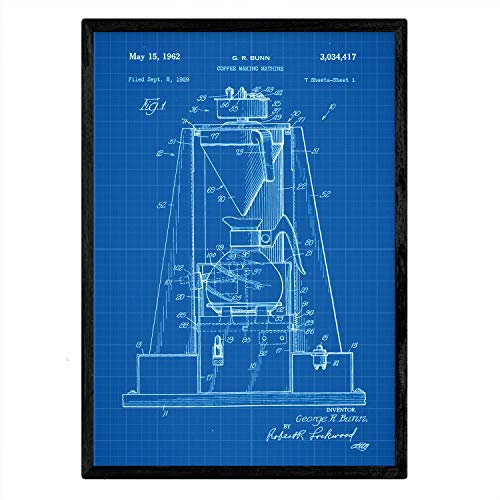 Nacnic Kaffeemaschine Patent Poster mit Rahmen, Antikes Patent in Größe A3 mit blauem Hintergrund, mit Rahmen