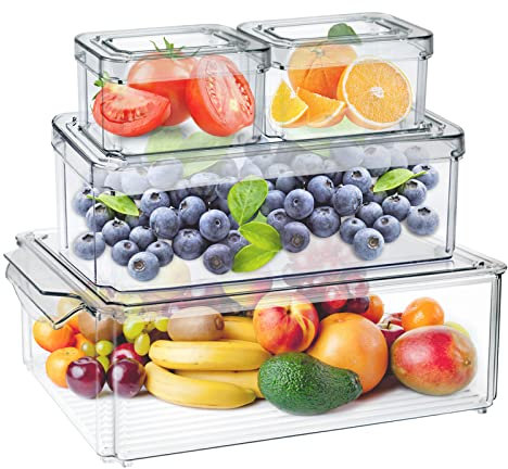 MDHAND Organizador para frigorífico con Tapa, Transparente, apilable, Transparente, Caja de Almacenamiento Transparente, Ideal para cocinas, neveras, armarios, sin BPA (Juego de 4)