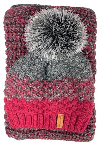 kennydoo Mütze & Schal Set / 2 teilig/Damen Kombi - Beanie mit großem Bommel und Loop/kuschelig gestrickt (rot bordeaux)