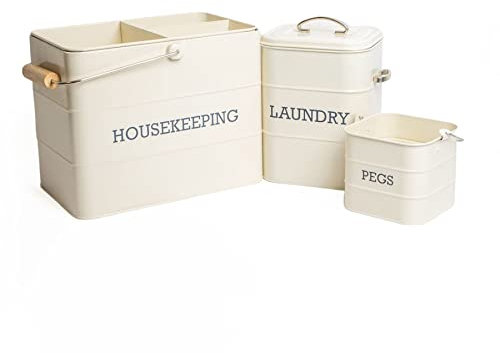 Living Nostalgia Housekeeping Tin, Laundry Tin and Peg Tin Set - Antique Cream