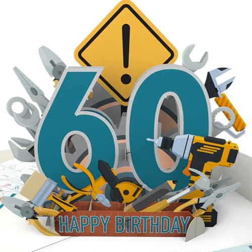 LIMAH® Pop Up Karte zum 60. Geburtstag - witzige 3D Geburtstagskarte zum Jubiläum für Mann, Opa, Kollege - passend zum Gutschein, Geschenk oder Geldgeschenk - Happy Birthday 60 mit Werkzeug