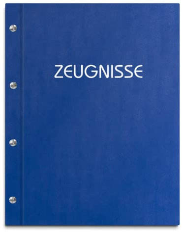 Zeugnismappe in blauer Lederoptik mit Prägedruck in verschiedenen Farben – handgefertigte Mappe inkl. 12 Sichthüllen