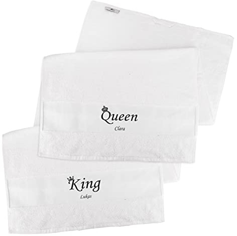 Herz & Heim® Handtuch-Set 2 Stück (Weiß, 50x100) für Paare mit Aufdruck des Namens/Hochzeitsgeschenk King & Queen