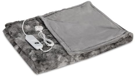 Navaris Grey Heated Throw Electric Blanket, 180 x 130cm Heated Blanket Machine Washable Faux Fur Electric Throw Overblanket with 3HR Auto-Off Timer and 3 x Control Heat Settings