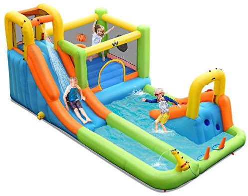 RELAX4LIFE Castello Gonfiabile per Bambini con Scivoli, Parete d'Arrampicata, Area di Salto, Piscina, Canone d'Acqua, Palloni, Basket, Parco Giochi per Bambini da Interno Esterno (senza comressore)