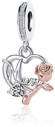 KunBead Mum Rose Gold Flower Love Heart Birthday Dangle Charms Compatible with Pandora Bracelet Mothers Day Gift for Mum from Daughter Son