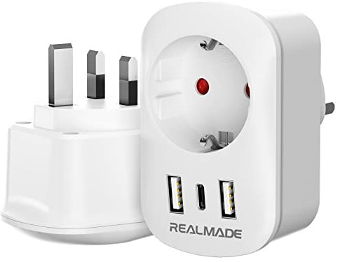 RealMade 2 Pack UK auf EU Adapter mit 2 USB und 1 TYP-C, England Deutschland Stecker, EU zu UK Typ G Steckdosenadapter