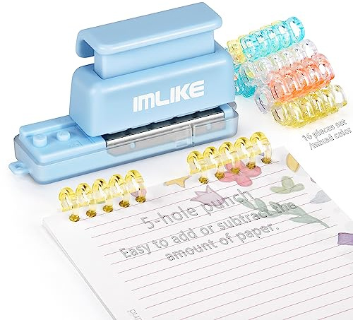 Mini 5 Loch Bindemaschine - IMLIKE 5 Löcher Bindemaschine mit 16 Loseblatt-Bindungsstreifen - Einfaches Hinzufügen oder Entfernen von Papieren, 4 Blatt Kapazität (A4/30 Löcher, B5/26 Löcher, A5/20