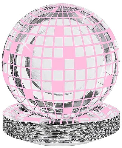 FunisFun Disco Plates 25P Disposable Disco Ball Plates for 70s Disco Party Decorations Wedding Birthday Bachelorette Party 7 Pink