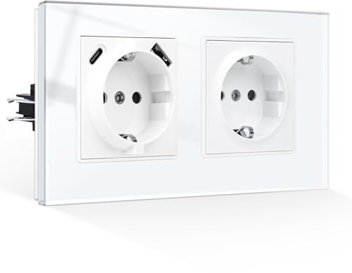 CNBINGO Doppelsteckdose mit USB Anschluss, 1× (USB-A und Typ-C Port Max.2,1 Amp total), Unterputz Steckdose mit Krallen, Schuko Steckdose mit Glasrahmen in Weiß, 2-Fach