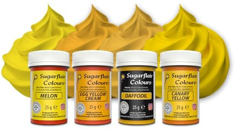 Sugarflair Pasta Lebensmittelfarben Yellow Set/4, Pasta Lebensmittel Farben für Fondant, Marzipan, Zuckerpaste, Buttercreme und mehr: Daffodil, Canary Yellow, Egg Yellow Cream, Melon - Set/4