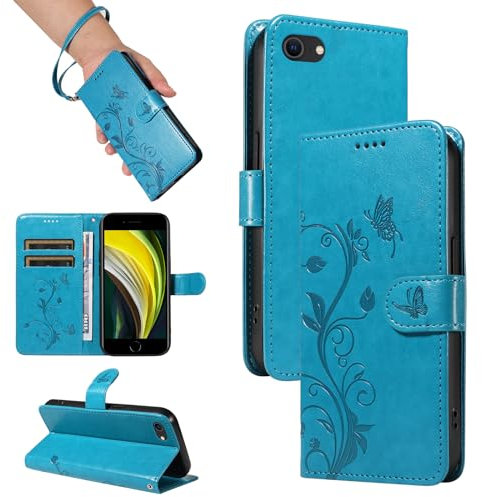 SRISHP Cover Magnetica per iPhone SE 2022/2020/8/7/6 - Custodia a Libro in PU Pelle Con Slot per Schede, Portafoglio, Blu
