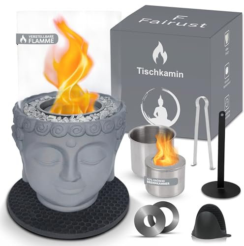 FAIRUST Tischkamin | Buddha Figur Bioethanol Tischkamin für Indoor und Outdoor aus hochwertigem robusten Betonzement Design | Tischfeuer Ethanol Kamin Gartenkamin mit unendlicher Brenndauer
