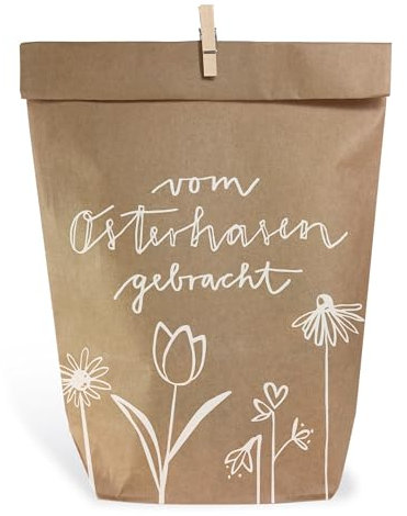 Eine der Guten Ostertüten, Geschenktüten Set - vom Osterhasen - mit 24 gestempelten Kraftpapiertüten & Mini-Holzklämmerchen, Osternest Alternative für Ostergrüße, Mitgebsel & Giveaways, 16,5 x 26 cm