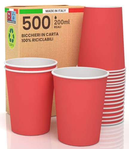 500 Bicchieri in Carta 200ml Ecologici Biodegradabili Monouso Made in Italy Asporto Bevande Calde Acqua Colorati ROSSO - Prodotto e Confezionato in Italia
