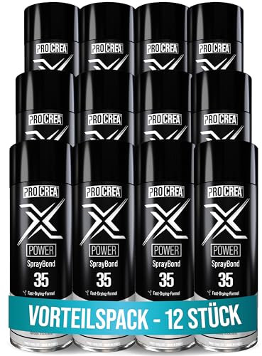 PROCREA® 12x Sprühkleber X35 Power extra stark [Transparent & Schnelltrocknend] Wasserfester & hitzebeständiger Industriekleber für Dachhimmel, Stoff, Schaumstoff, Filz uvm. - Profi-Qualität