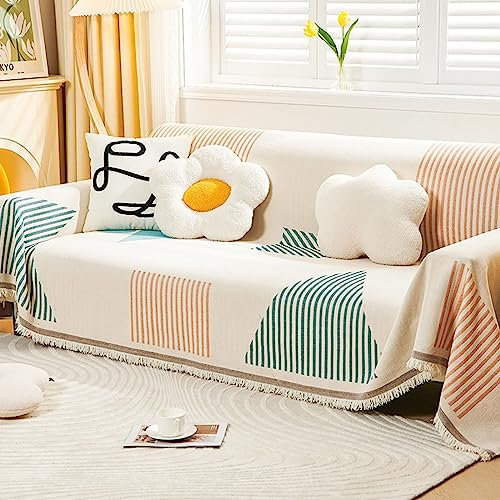 KnSam Home Sofabezug, Unregelmäßiger Streifen Sofa Überzug Zweisitzer, rutschfeste Sofabezug Katze Chenille für Wohnzimmer Protector & Hunde Haustiere (180x340CM, Grün Orange)