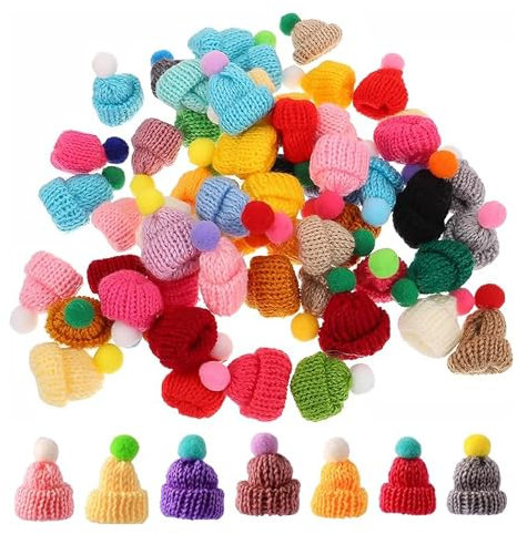 LEOEASIY 40 Stück SorgenwüRmchen HäKeln Set, GlüCkswüRmchen ZubehöR, Mini Hut, Mini MüTzen Gewebte MüTze Geeignet für Weihnachtsbaumdekoration, Basteldekoration, Weinflaschen-Diy-Dekoration