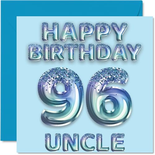 Stuff4 Geburtstagskarte zum 96. Geburtstag für Onkel – Blaue Glitzer-Partyballons – Happy Birthday Karten für 96 Jahre alten Onkel von Neffe Nichte, 145 mm x 145 mm