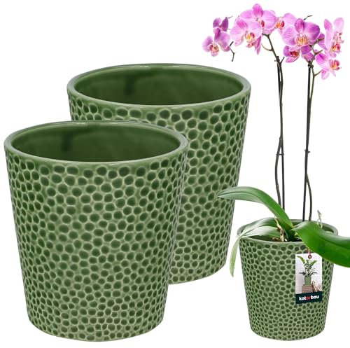 KOTARBAU® 2er Set Blumentopf Grün Keramik Glasiert ⌀ 9,5 cm Höhe: 11 cm Orchideentopf Modern Pflanztopf für Zimmerpflanzen