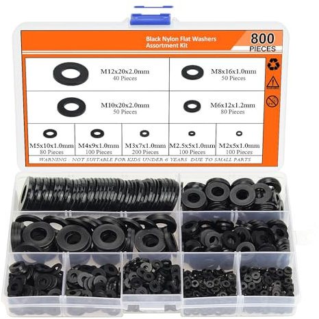 800 Piezas Arandela Plana Plástica Nylon Arandela Espaciadora Arandela Surtido Kit 9 Tamaños (M2 M2.5 M3 M4 M5 M6 M18 M10 M12) Nylon Negro Arandela para Fijaciones de laIndustria Mecánica
