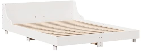 vidaXL Massivholzbett, Holzbett Bett mit Kopfteil, Bettgestell Bettrahmen mit Lattenrost, Doppelbett für Schlafzimmer, Weiß 160x200cm Kiefer
