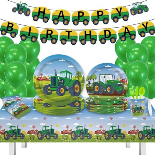 LIUYALA Tractor Tag Birthday Party Decorations ,Farm Tractor Themed Tableware ,61 Pcs Theme Party Supplies For Boys Happy Birthday Banner Cupcake Toppers Birthday Party Decoration