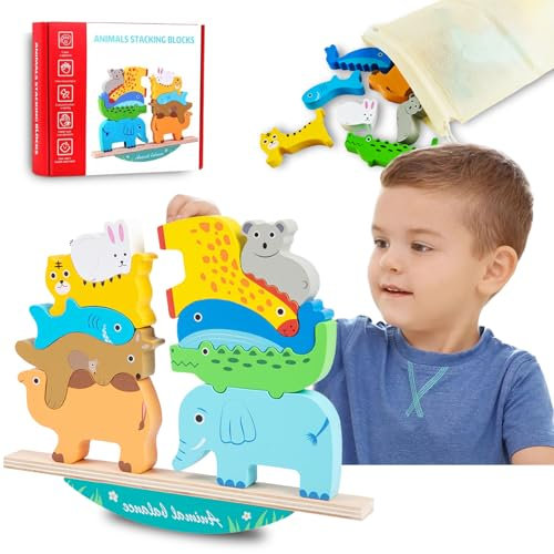 Holzspielzeug zum Stapeln von Tieren, Kinder Holzspielzeug Montessori Spielzeug ab 3 4 5 6 Jahre Balancieren Stapelspielzeug Motorikspielzeug, Geburztag Weihnacht Ostern Geschenk für Mädchen Junge
