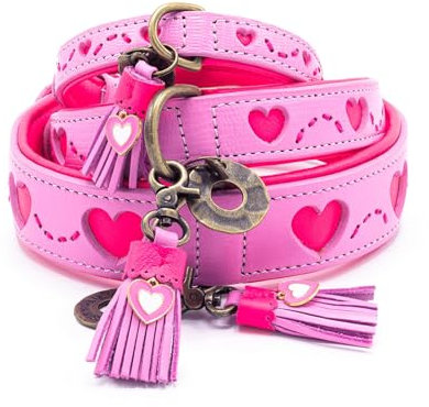 Dog with a Mission - Hundehalsband S | Rosa Pink mit Herzen | Boho und Hippie | Ideal für kleine Hunde | Handgemacht | Modisch und Bunt | Aus weichem Echtes Leder | 2 cm Breit