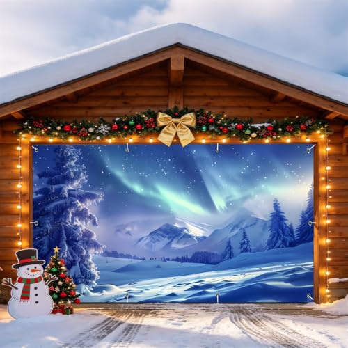 DORCEV 2,1 x 4,8 m Winterlandschaft Garagentor Dekorationen Winter Fantasie Sternenhimmel Berg Wald Bäume Türabdeckung Banner Hintergrund Auroras Wunderland Weihnachten Party Dekor Kinder Erwachsene